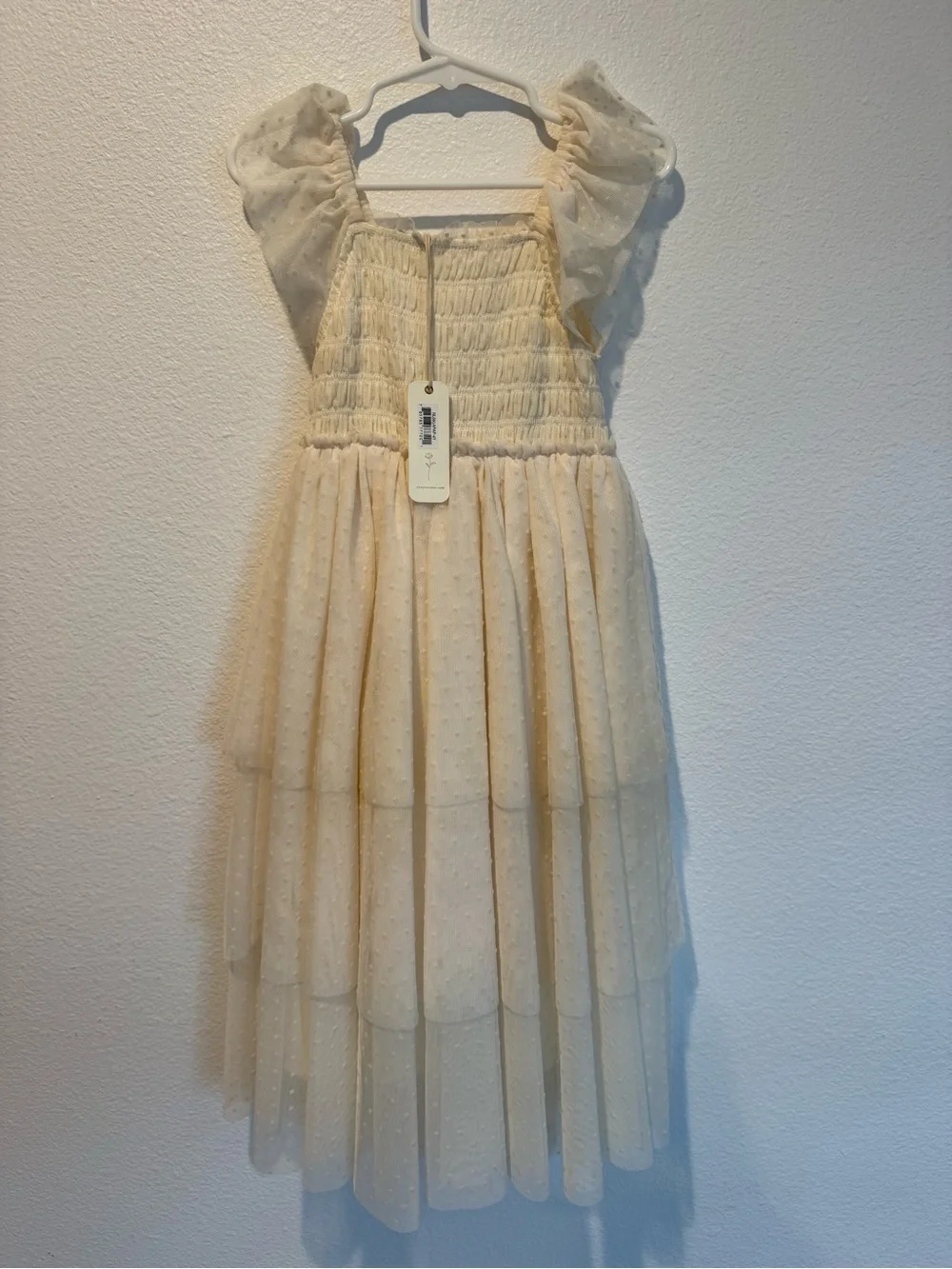 Cream Tiered Tulle Dress with Puff Sleeves for Girls